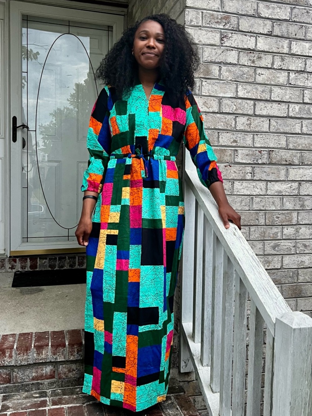 African Print Vibrant Geometric Dress in Teal Multi